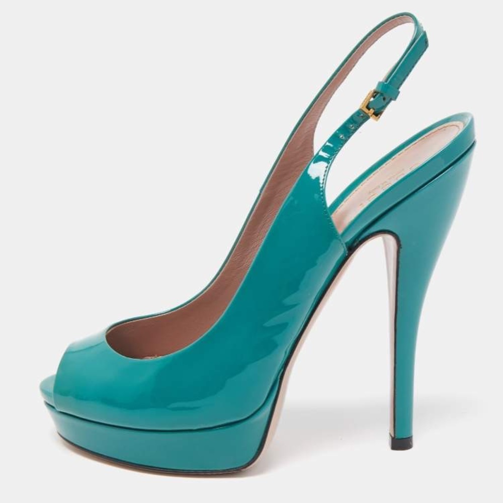 Gucci blue green patent leather peep toe platform sandals